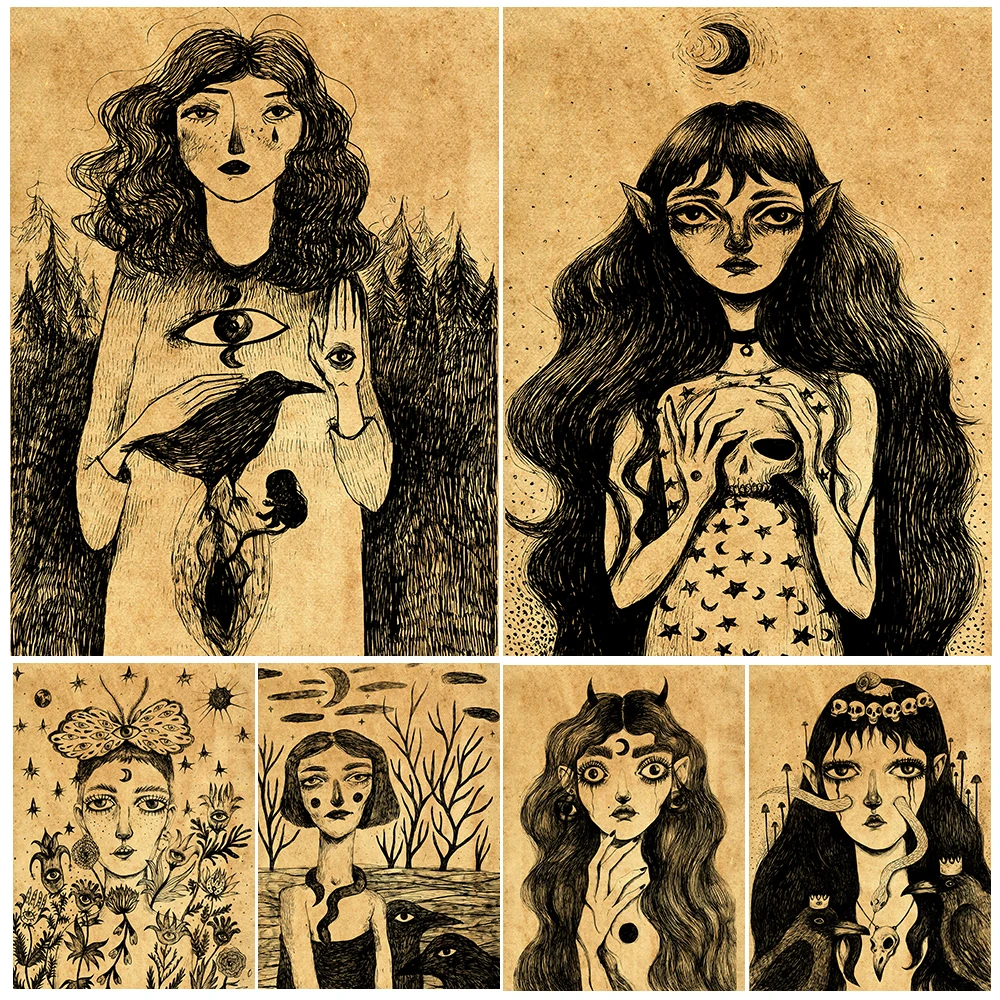 Drawing Art Poster And Print Moon Wiccan Gothic Girl Wall Art Vintage Canvas Painting Home Decor