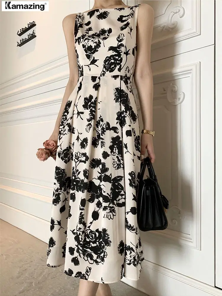 

Summer Women Vintage Elegant Party Dress Sleeveless Midi Dress Lady Vestido