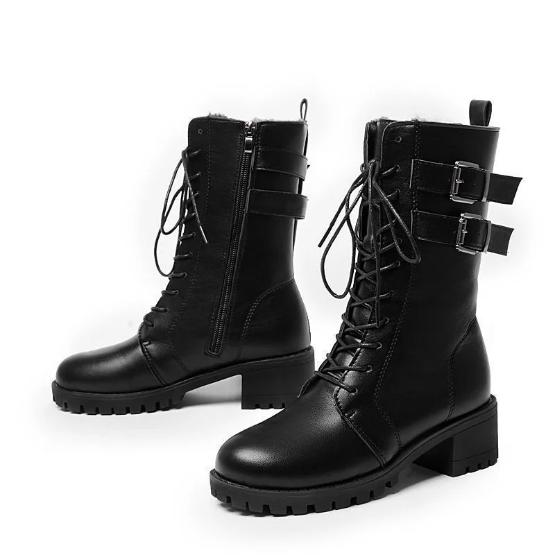 

Boots Women Genuine Leather Wool Snow Boots Thick Bottom Medium Boots Female High Heel Lacing Plus Velvet Martin Boots 2023 New