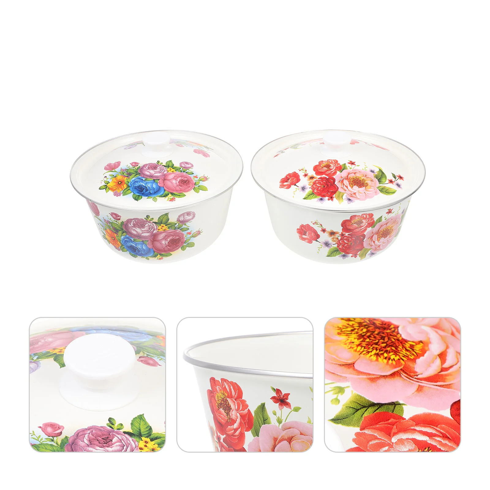 

2 Pcs Enamel Basin Kitchen Storage Decorative Bowls Soup Pot Condiment Container Multipurpose Enamelware Lidded