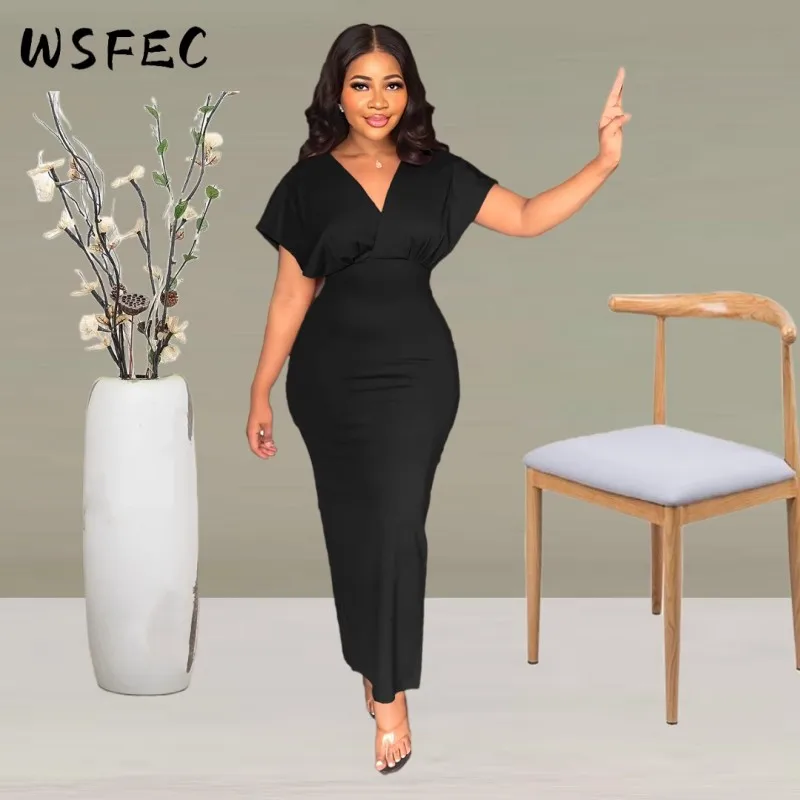 

Женская одежда в африканском стиле WSFEC, модель 2023 года, летнее облегающее платье с коротким рукавом и V-образным вырезом, сексуальное элегантное женское вечернее платье, женские наряды