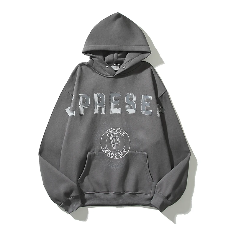 

High Street Letter Print Pullover Fleece Hooded Hoodies Male and Female Retro Oversized Harajuku Casual Sweatshirts Loose