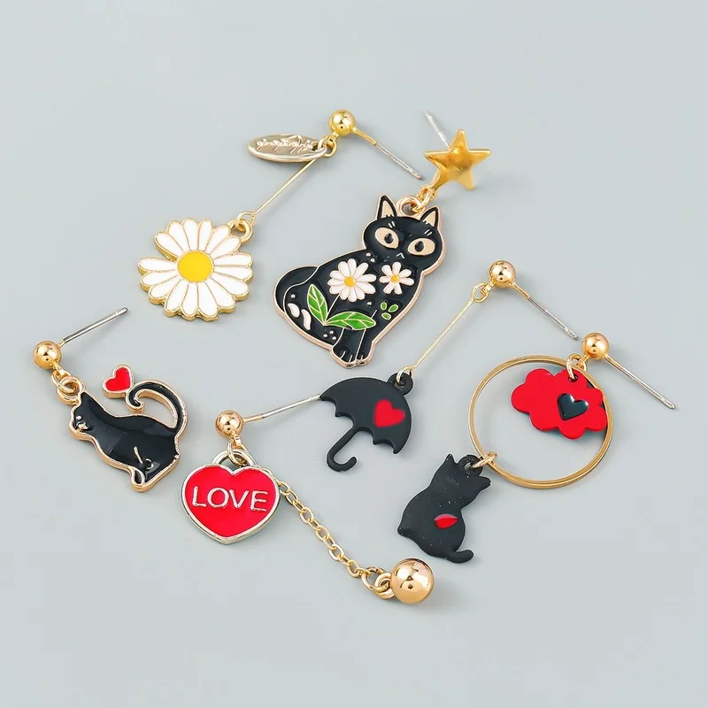

2022 Ins стильные асимметричные серьги из сплава с капающим маслом любовным цветком черным котом для девушек сердечками корейская мода милые ю...