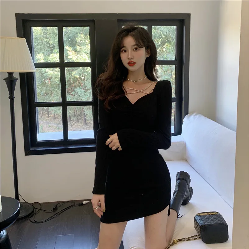 

COIGARSAM Women's Fashion Dresses Spring Knitting Long Sleeve Black Dress Dropshipping