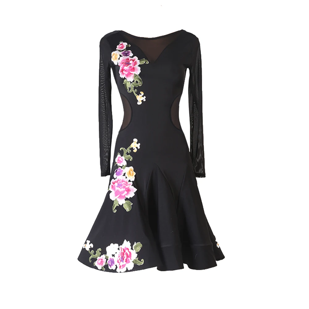 

LIUHUO Ladies Latin Tango Rumba Cha Cha Long Sleeve Embroidered Dress