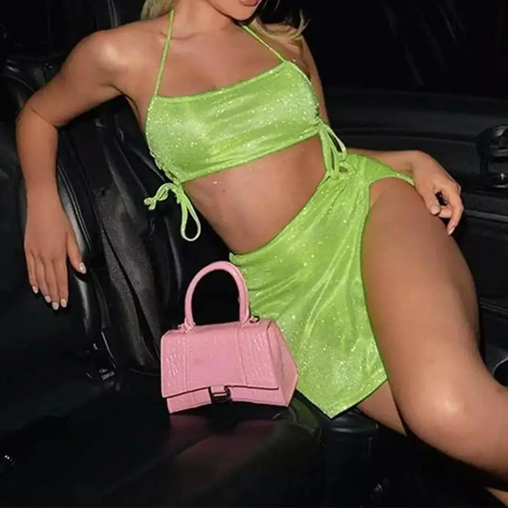

2 Pcs/Set Club Crop Top Skirt Set Lace Up Pleated Material Multi Straps Halter Neck Sleeveless High Split Female Clothes