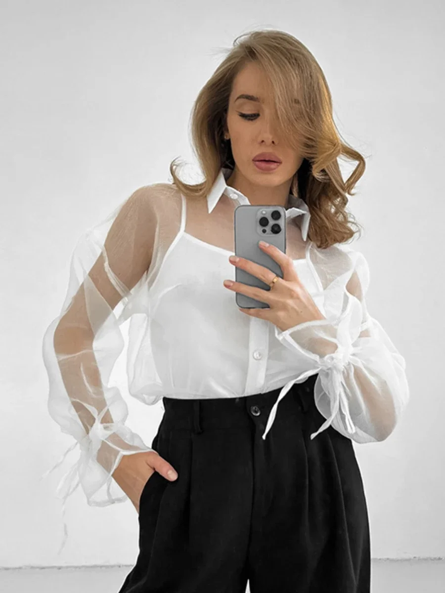 Bornladies однотонная сетчатая сексуальная рубашка с лацканами стильная женская