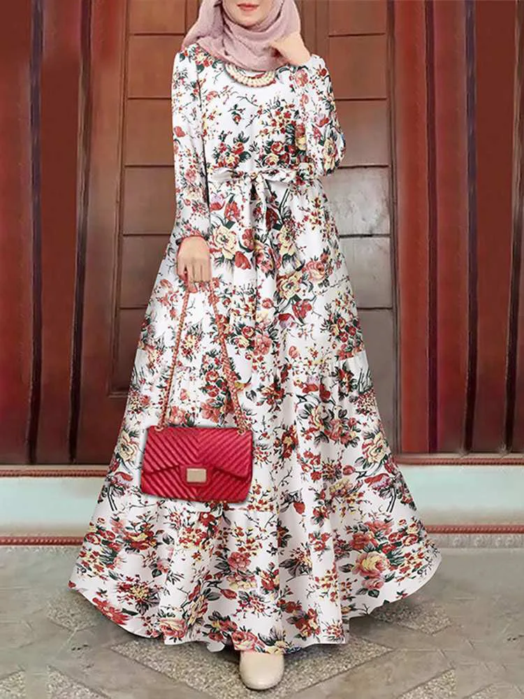 2022 New legant Floral Muslim Dress Women Printed Sundress Kaftan Turkey Abaya Hijab Vestidos Belted Female Robe Islam Clothing