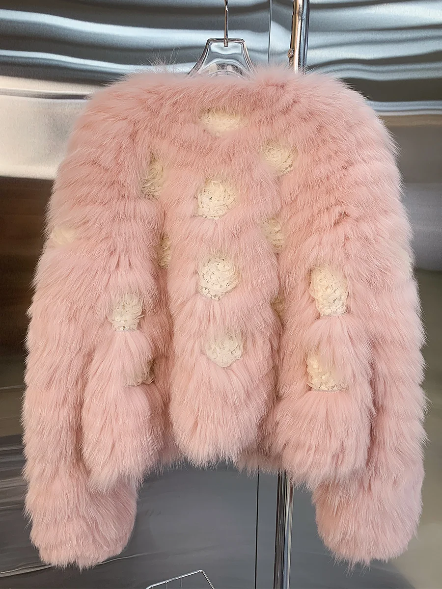 Real Fur Lace Rose Spikes Fox Fur Coat for Women New Young Short Winter Trend coat  winter coat women