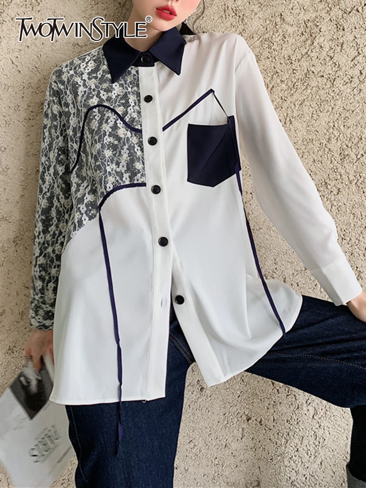 

TWOTWINSTYLE Printing Spliced Pockets Shirt For Women Lapel Long Sleeve Patchwork Lace Up Vintage Elegant Blouse Female Clothing