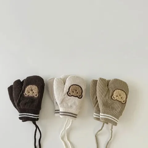 Детские теплые варежки из хлопка и вельвета с медведем