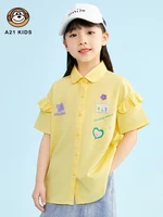 a21 girl casual shirt 2022 summer new fashion cotton woven cartoon print loose lapel short sleeved childrens full cardigan top