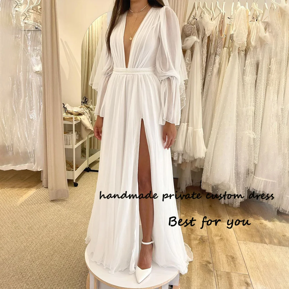 

White Chiffon Wedding Dresses Long Sleeve V Neck Bridal Gowns Side Split Beach Bride Dress Floor Length