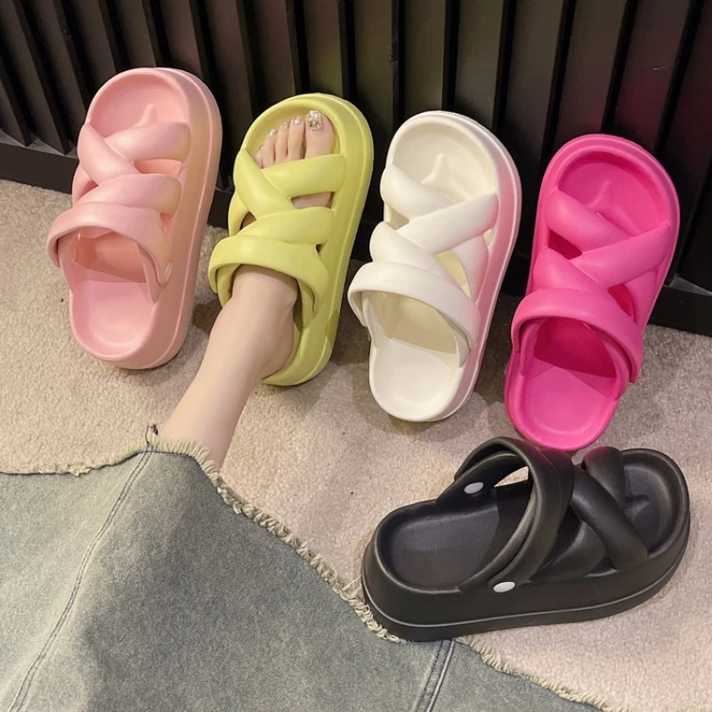 Summer New EVA Thick Sole Heightened Women's Sandals with Simple Crossover and Thick Sole Solid Color Two Wear Casual Sandals