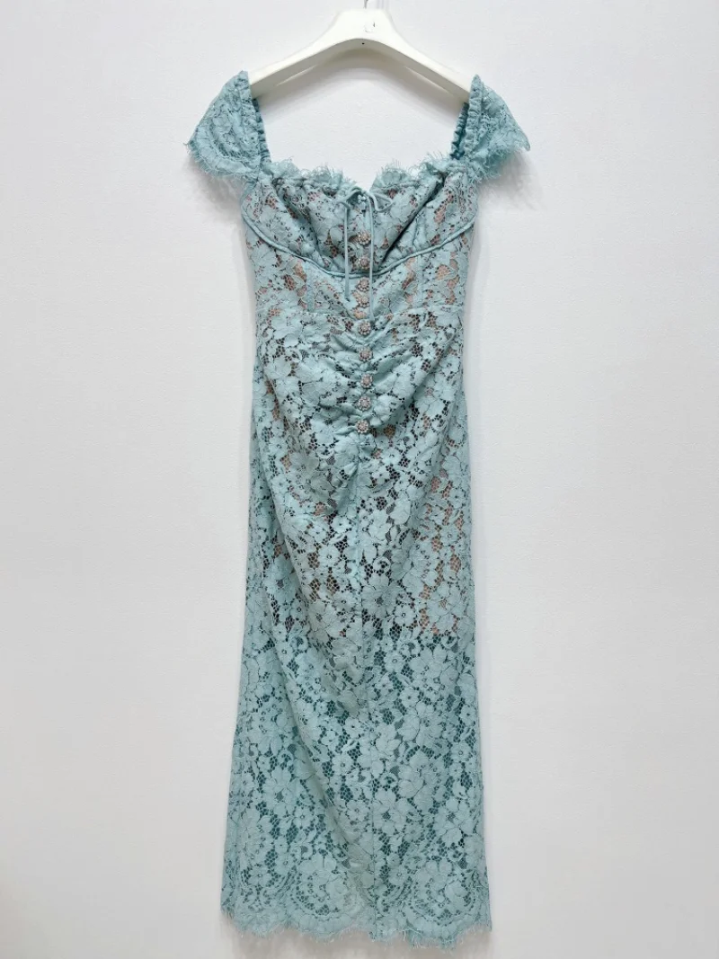 

Blue Elegant Floral Lace Office Lady Pencil Dress Vintage Women Square Collar Short Sleeve Bodycon Sheath Dresses Korean
