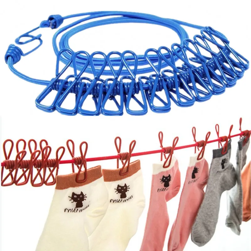 

Portable Elastic Windproof Drying Clothes Hanger Clothes Line with 12 Clips Drying Rack Clothes Line Travel Retractable Rope