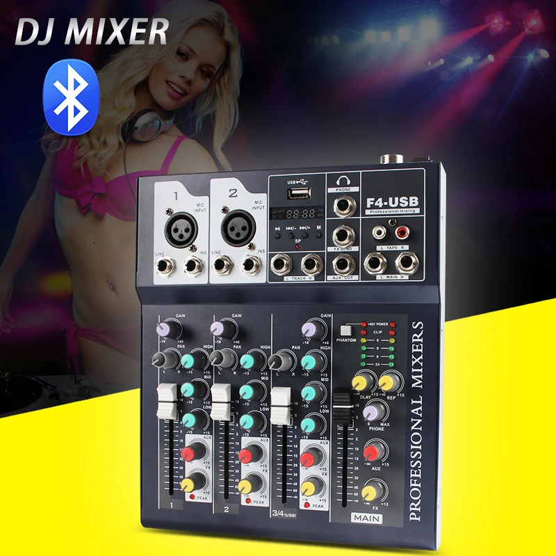 Микшерная консоль F4 USB 4-канальный цифровой микрофон линейный аудио микшер с 48 В