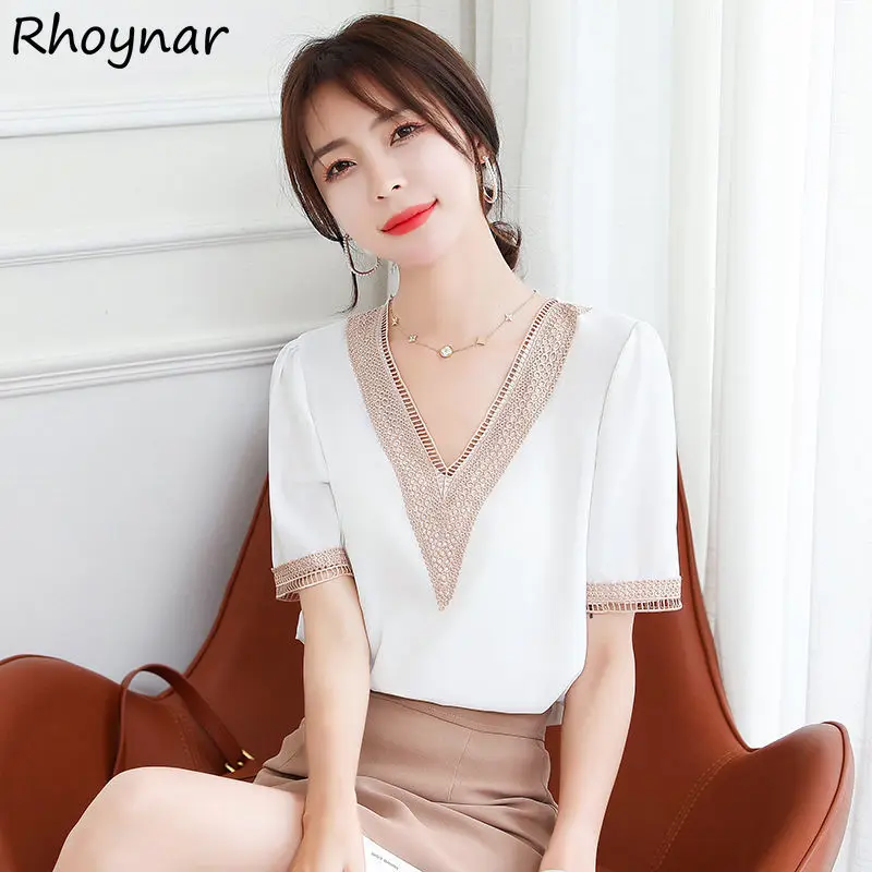

Blouses Women Patchwork Stylish Ins S-3XL Summer V-neck Temperament Short Sleeve Ulzzang Loose Fashion Mujer All-match Basic New