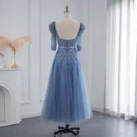LSCZ28 Luxury Dubai Blue Evening Dress for Women Wedding Party Elegant Half Sleeve Arabic Formal Gown 7