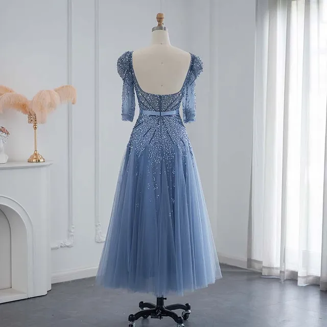 LSCZ28 Luxury Dubai Blue Evening Dress for Women Wedding Party Elegant Half Sleeve Arabic Formal Gown 2
