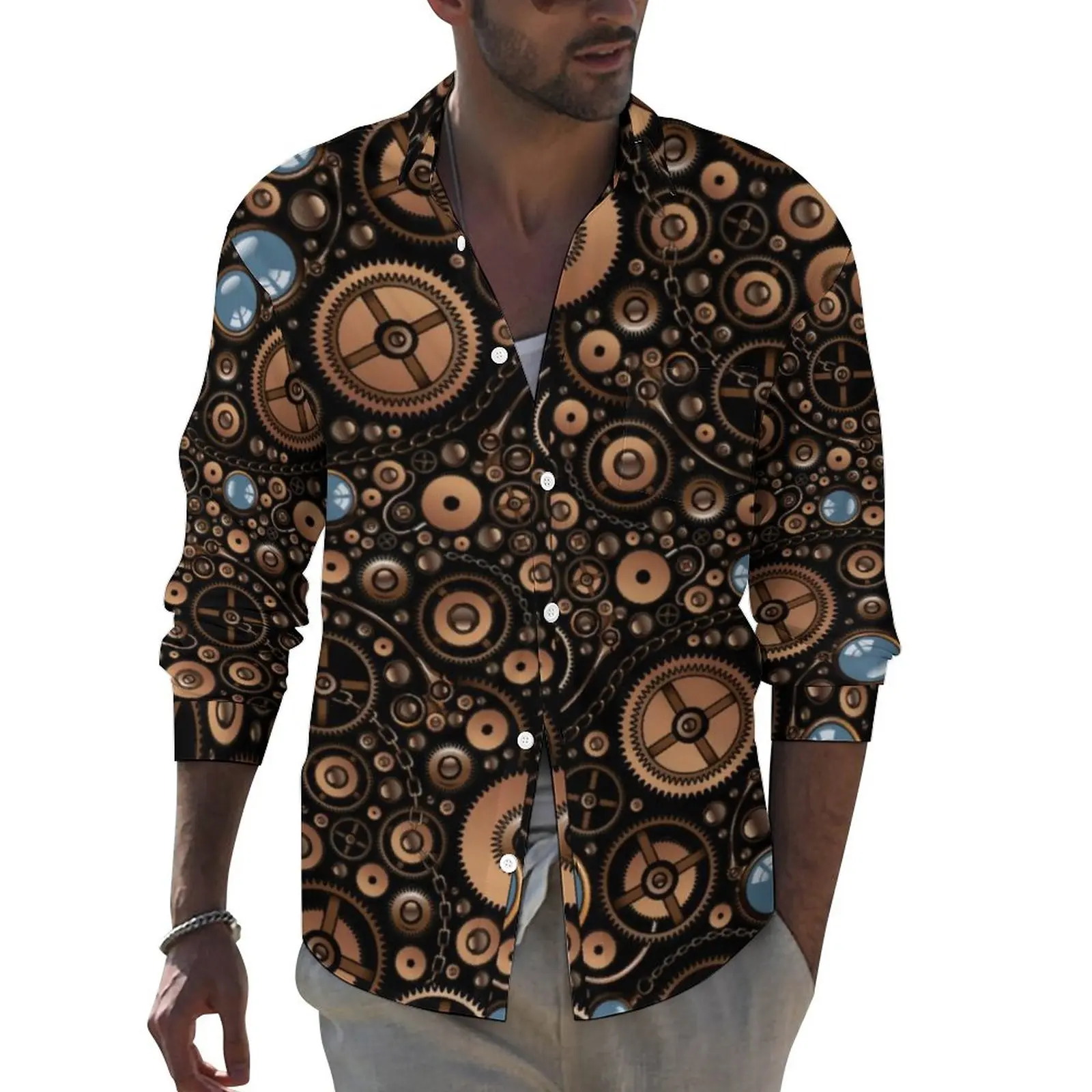 

Vintage Steampunk Y2K Casual Shirt Mens Gears Style Shirt Spring Vintage Blouses Long Sleeve Pattern Oversize Clothing