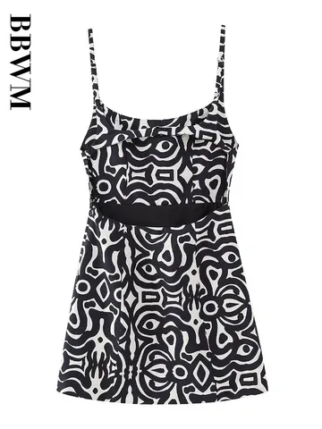 2023 Strap Mini Dress Woman Print Linen Dress Women Summer Backless Design Dresses Straight Collar Short Dress Chic Female