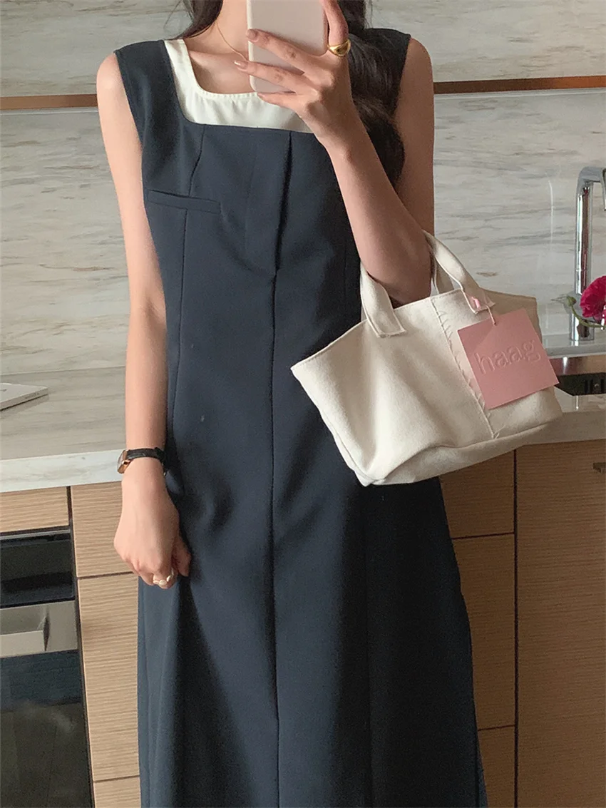 

Alien Kitty Summer Minimalist Patchwork Sleeveless Slip Dress Women S-M Mid-Length Fashion Casual High Street Bottom Normcore