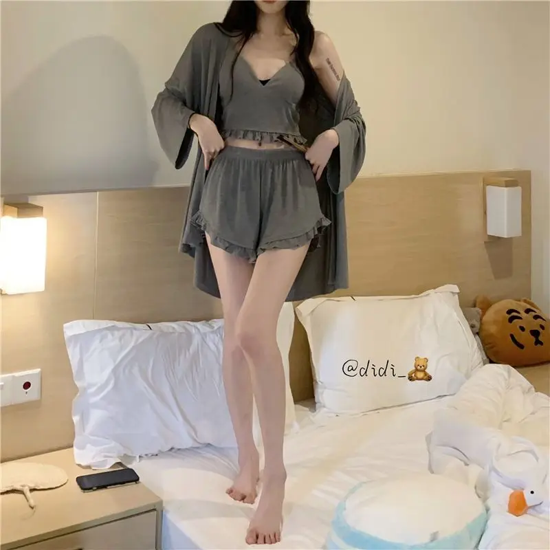 Conjunto de pijama de 3 peças feminino, pijamas coreano, loungewear, roupa íntima, cami, shorts, roupa noturna, almofada, roupas de casa 2