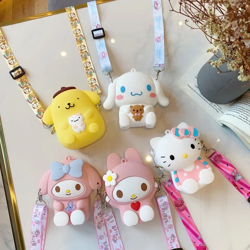 

Sanrio Hello Kitty My Melody Coin Purse Children Bag Diagonal Cross Bag Cute Cartoon Kuromi Cinnamoroll Silicone Girls Bag Gfts
