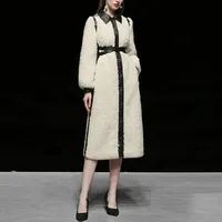 Elegant White Long Lambswool Fur Coat Women High Quality Thicken Warm With Belt Hot Sale Winter Faux Fur Jackets Ladies Overcoat