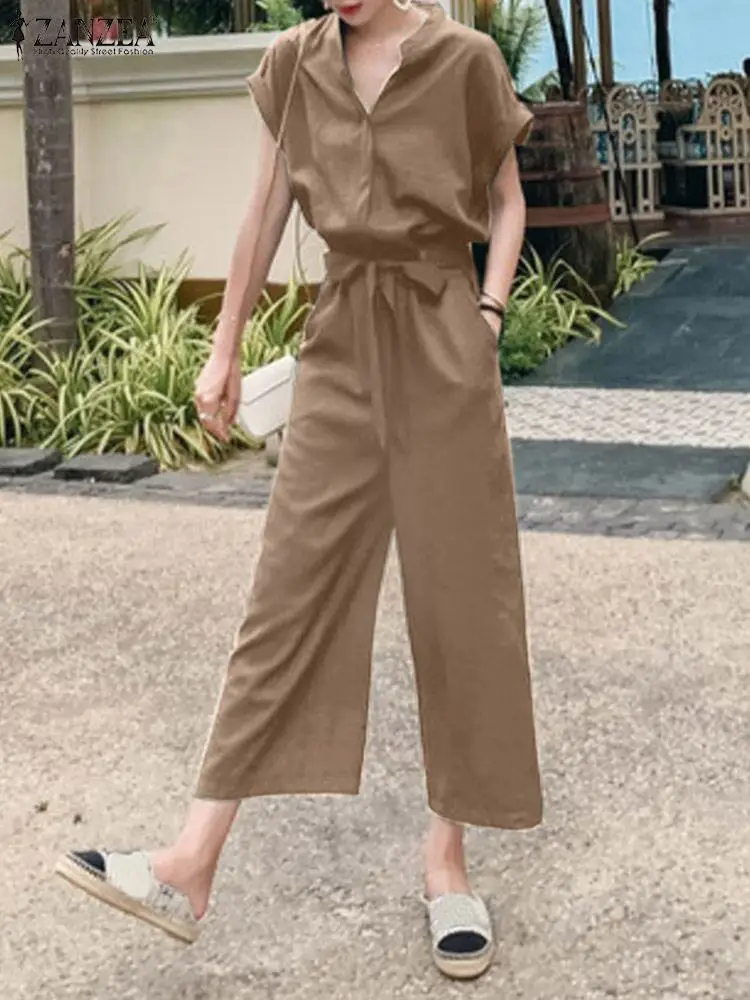 

Stylish Women Jumpsuit Oversized ZANZEA 2023 Summer Elegant Holiday Jumpsuits Casual Work OL Overalls Belted Ladies Playsuits