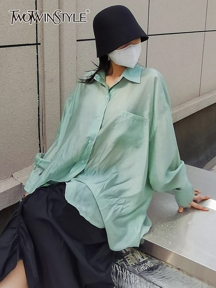 

TWOTWINSTYLE Loose Casual Shirt For Women Lapel Long Sleeve Solid Minimalist Blouses Female Korean Fashion Spring Clothing New