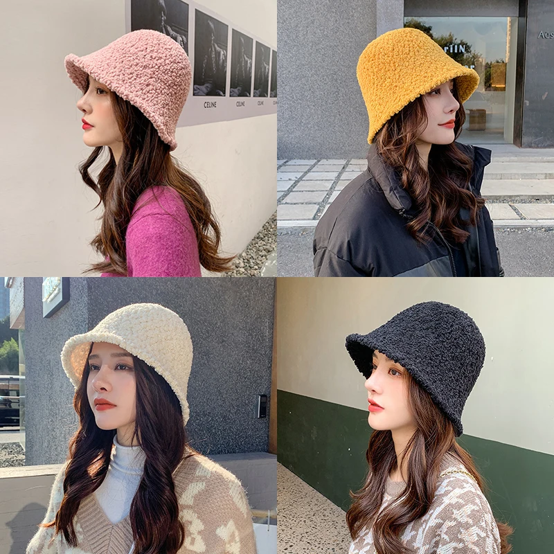 

Female Outdoor Fisherman Hat Solid Color Cute Korean Style Lamb Plush Soft Warm Fisherman Hat Lady Flat Casual Caps