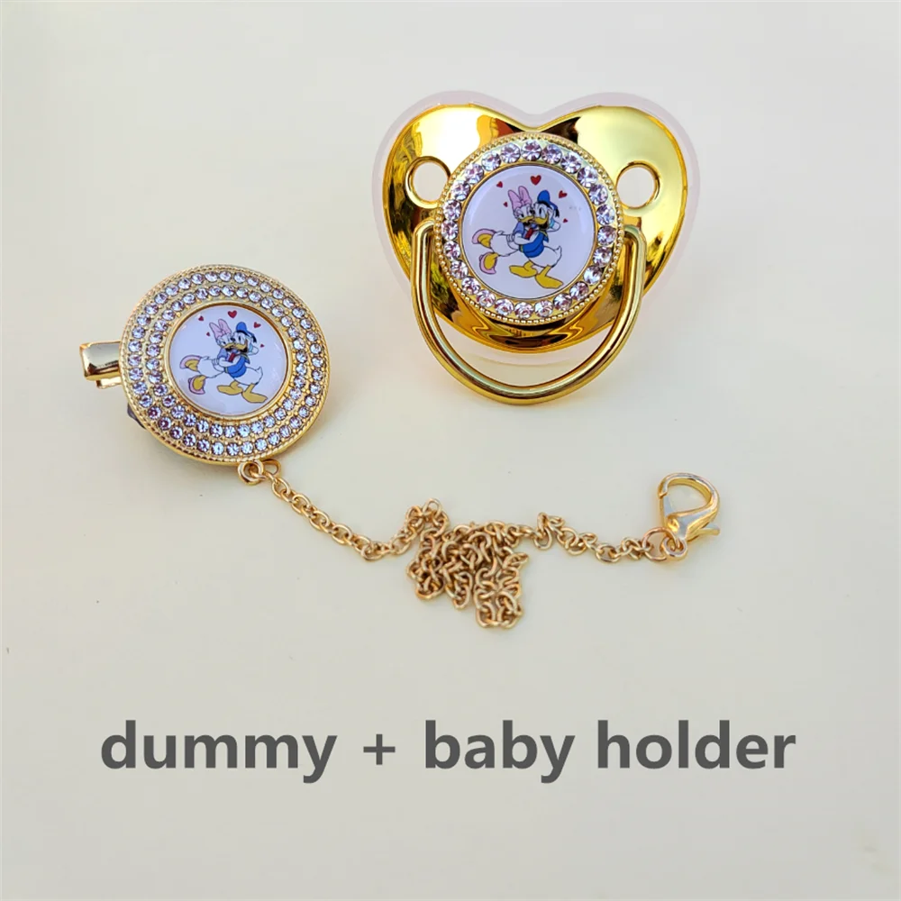 

Disney Gold Bling Pacifier with Fashion Chain Clip Holder Newborn Food Grade Silicone Infant Chupetes Para Bebes Fast Shipping