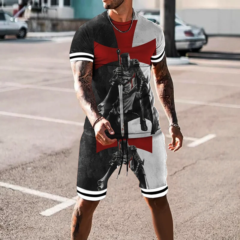 Indian Culture T-shirt Shorts 2-Piece Fashion 3D Templar Knight Print Top Men's Summer Harajuku Street Top Large Men's Set