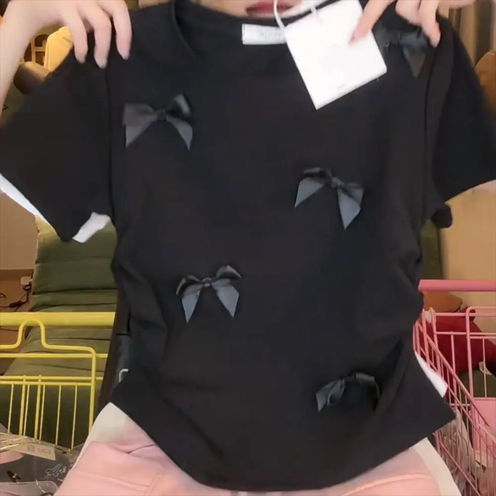 Женская футболка с бантом коротким рукавом и круглым вырезом