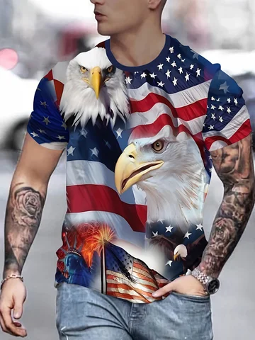 Мужская футболка с рисунком патриотического орла - повседневная одежда с 3D принтом американского флага и круглым вырезом из полиэстера, повседневная одежда стандартной посадки