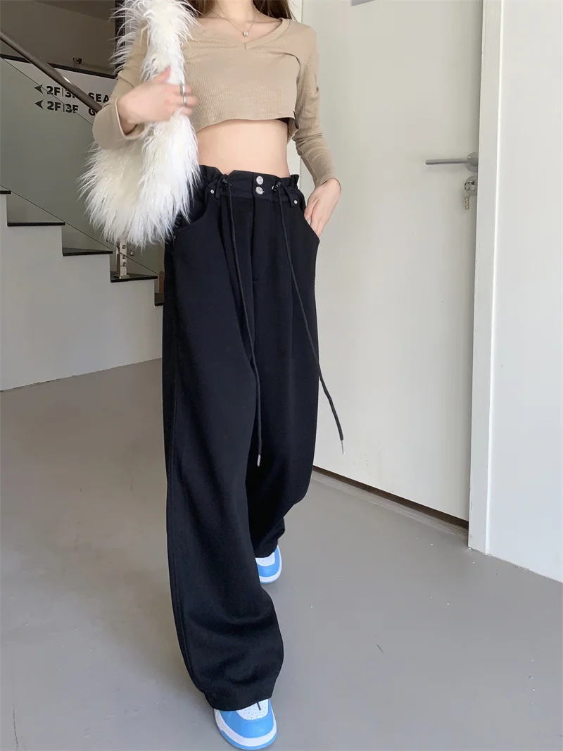 Black Casual Sports Wide Leg Pants Women's Spring And Autumn Versatile Sanitary Pants High Waist Loose Straight Leg Trousers