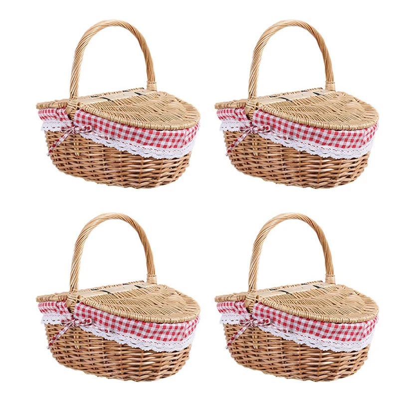 4X Country Style Wicker Picnic Basket Hamper With Lid And Handle & Liners For Picnics, Parties And Bbqs