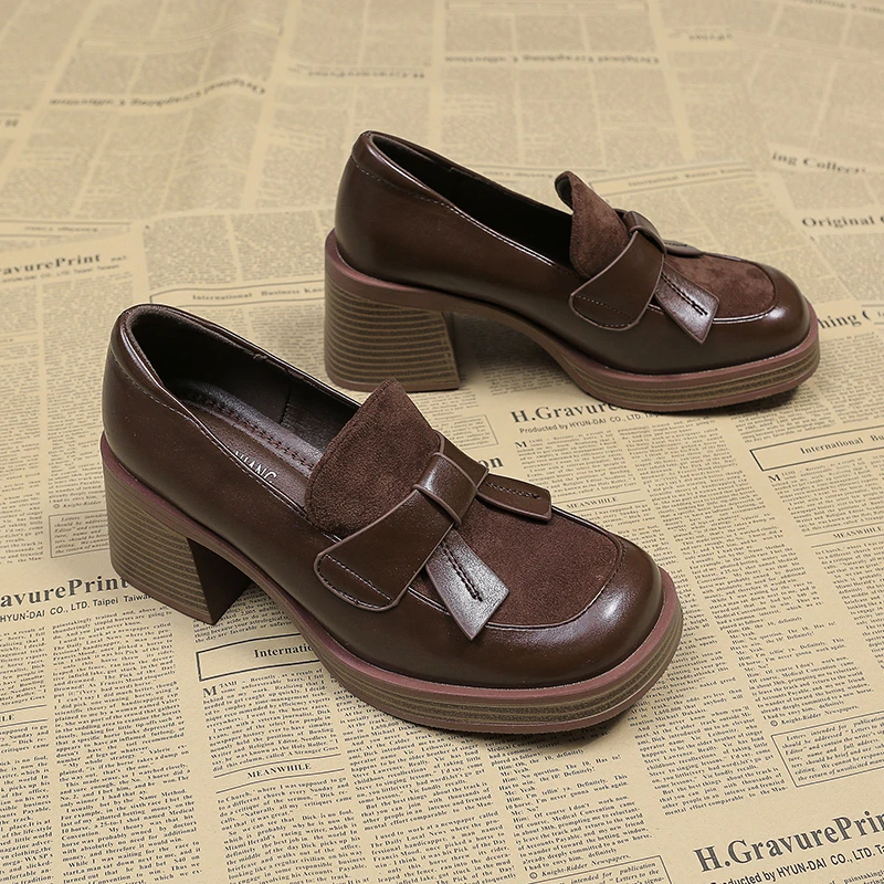 

British Style Women's Shoes Single Shoes Loafers Chunky Burst Women's Shoes Small Brown Leather High-heeled Women's Shoes