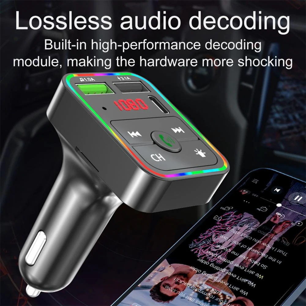 

With Lcd Screen Bluetooth Fm Transmitter Universal Car Charger Multifunctional Colorful Atmosphere Lights Car Charger Adapter