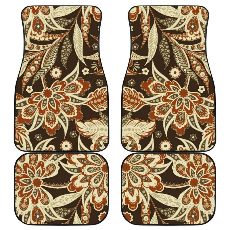 

Vintage Brown Bohemian Floral Print Front and Back Car Floor Mats Heavy Carpet Front and Rear Full Set 4PCs Pack