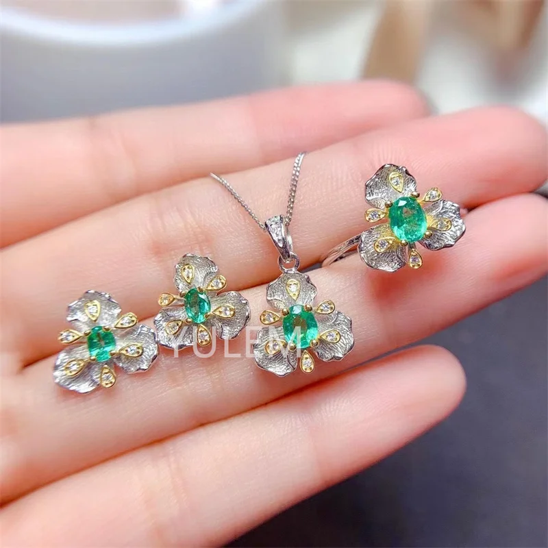 

YULEM S925 Sterling Silver Natural Emerald Set Ring Pendant Earrings Women's Engagement High Jewelry