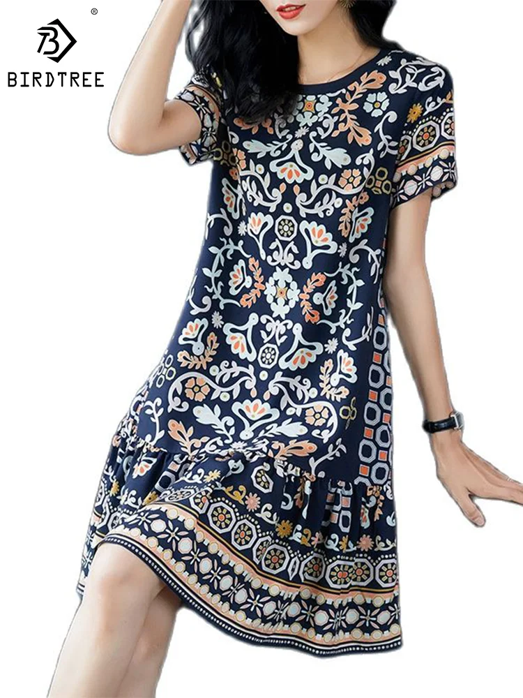 Birdtree 100%Real Silk Women's Summer Dresses Elegant Chic Short Sleeve Casual Dress Ruffle Printed Fishtail Dress 2023 D37443QM