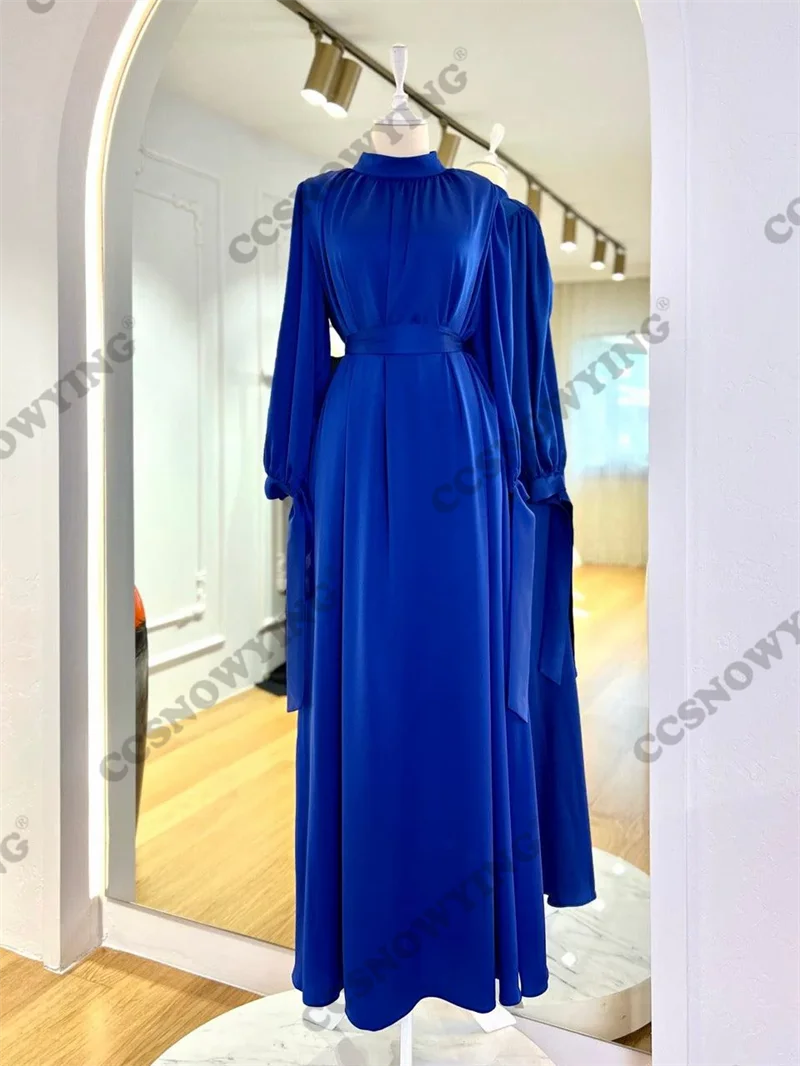 

Простые однотонные мусульманские Вечерние платья, атласные с длинным рукавом, исламские официальные женские платья с высоким воротником, женское платье для вечеринки