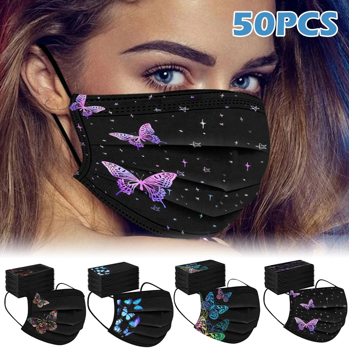 

50Pcs Face Mask 3-Layer Face Cover Protective Mouth Visor Butterfly Print Mouth Cover 95% Filtration Rate Breathable Mouth Mask