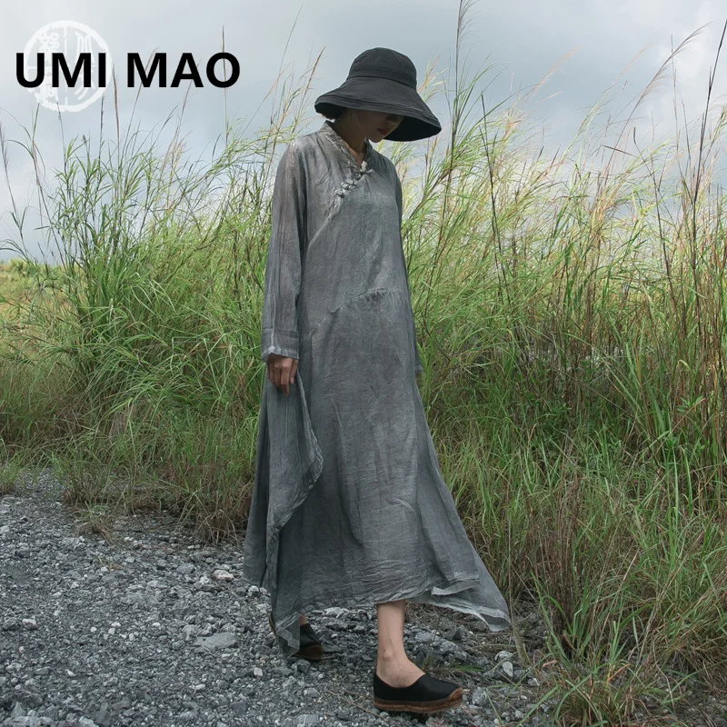 

Платье в китайском стиле UMI MAO, весеннее, хлопковое, конопляное, женское, ретро, тарелка с пряжкой, необычные, ручной работы, платья с длинными рукавами