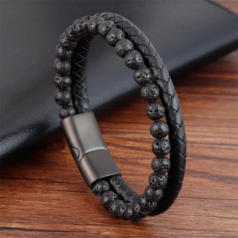 

Fashion Leather Bracelet Men Classic Double Layer Combination Lava Stone Bead Leather Bracelet For Men Jewelry Gift