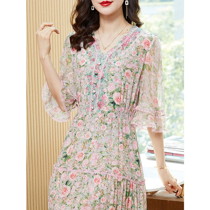 Office Lady Pink Dress Summer Dress Women Clothing Fairy Dresses Slim Floral Dress Elegant Real Silk Dress for Women Vestidos Zm