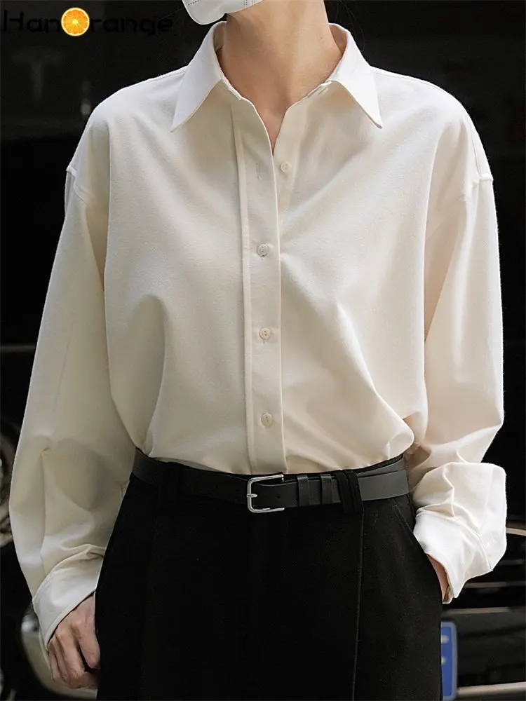 

HanOrange 2022 Winter Simple Brushed Lapel Shirt Women Loose H-shaped Thickened Single Breasted Long Top Female